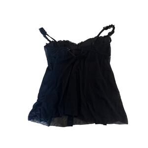 Frederick’s of Hollywood Black Mesh Babydoll – Sheer Ruffle Lingerie Top Y2K L